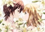  2girls absurdres alternate_costume asagao_to_kase-san blonde_hair brown_hair commentary_request couple dress elfee eye_contact flower happy highres imminent_kiss kase_tomoka lily_(flower) looking_at_another medium_hair multiple_girls simple_background smile white_background yamada_yui yuri 