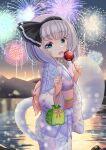  1girl absurdres aerial_fireworks alternate_costume black_hairband blue_eyes blush candy_apple commentary_request fireworks floral_print floral_print_kimono food grey_hair hairband highres hitodama holding holding_candy_apple holding_food holding_kinchaku japanese_clothes kimono kinchaku konpaku_youmu konpaku_youmu_(ghost) looking_at_viewer medium_hair mountainous_horizon multicolored_kimono obi obijime open_mouth outdoors pink_sash pouch print_kimono reimei_(r758120518) sash smile solo touhou white_kimono yukata 