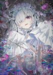  1girl absurdres commentary_request dress frilled_dress frills hair_over_one_eye hairband highres lolita_fashion lolita_hairband long_hair mahou_shoujo_no_majo_saiban marionette minna_de_zutto_shiawase_ni_kazoku_de_issho_ni_tanoshii_party_wo mirage_(rairudiseu) natsume_an-an parted_lips puppet puppet_strings purple_eyes sleeves_past_fingers sleeves_past_wrists solo spoilers tears white_dress white_hair white_hairband 