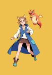  1girl animal_ears ankle_boots aqua_boots bad_id bad_pixiv_id blue_coat boots brown_boots brown_hair brown_skirt child closed_mouth coat collarbone curtained_hair dog_ears dog_girl dragon frown full_body gaelion_(tate_no_yuusha_no_nariagari) hand_up highres hood hooded_coat long_sleeves looking_at_viewer medium_hair minami_seira miniskirt multicolored_boots official_art partially_open_coat promotional_art shirt simple_background skirt sleeveless sleeveless_coat solo straight-on tate_no_yuusha_no_nariagari two-tone_boots v-shaped_eyebrows white_shirt wyndia_(tate_no_yuusha_no_nariagari) yellow_background yellow_eyes 