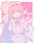  1girl :d =_= ahoge apron armband arms_behind_back bandaged_neck bandages border bow_apron closed_eyes collared_dress commentary_request cowboy_shot crossed_bandaids dress facing_viewer food-themed_hair_ornament frilled_apron frilled_dress_collar frills gingham_apron gingham_clothes hair_intakes hair_ornament happy_birthday hat heart heart_of_string highres holding holding_behind_back indie_utaite indie_virtual_youtuber light_blush long_hair momone_chinoi nano235711 narutomaki_hair_ornament neck_ribbon no_nose nurse_cap official_alternate_costume official_alternate_hairstyle one_side_up outline outside_border pill pink_armband pink_background pink_hair pink_ribbon plaid_apron plaid_clothes ribbon short_sleeves simple_background smile solo standing straight-on utaite very_long_hair virtual_youtuber white_border white_dress white_outline 