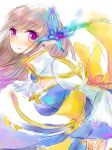  1girl arch_bishop_(ragnarok_online) back_bow blue_dress bow brown_hair butterfly_hair_ornament cleavage_cutout closed_mouth clothing_cutout commentary_request cross dormir_(challco) dress expressionless hair_ornament juliet_sleeves leaning_forward long_hair long_sleeves looking_at_viewer looking_to_the_side pointy_ears puffy_sleeves purple_eyes ragnarok_online sash simple_background solo two-tone_dress white_background white_dress yellow_bow yellow_sash 