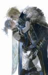 2boys alva_lorenz alva_lorenz_(warden) belt black_gloves blonde_hair blue_eyes boots bruise bruised_eye commentary_request feather-trimmed_cape fur_trim gloves hair_slicked_back highres identity_v injury jacket leather leather_gloves long_sleeves looking_at_another luca_balsa luca_balsa_(winter_cicada) male_focus multiple_boys pants sanyazhao scar scar_on_face simple_background sweatdrop white_background white_gloves white_hair white_pants yaoi 