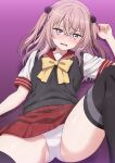  1girl absurdres ass_visible_through_thighs black_sweater_vest black_thighhighs blush bow breasts collarbone commentary_request hair_between_eyes highres inui_sajuna long_hair looking_at_viewer lying mibushiro on_back panties pink_eyes pink_hair purple_background red_sailor_collar red_skirt sailor_collar school_uniform serafuku shirt short_sleeves skirt small_breasts solo sono_bisque_doll_wa_koi_wo_suru summer_uniform sweater_vest thighhighs thighs two_side_up underwear white_panties white_shirt yellow_bow 