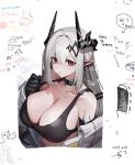  1girl arknights bare_shoulders black_gloves black_sports_bra breasts cleavage collar collarbone commentary_request cropped_torso ear_piercing gloves grey_hair hair_ornament highres horns infection_monitor_(arknights) jewelry korean_commentary korean_text large_breasts long_hair looking_at_viewer material_growth mudrock_(arknights) mudrock_(elite_ii)_(arknights) ness_(pjw0168) oripathy_lesion_(arknights) parted_lips piercing pointy_ears red_eyes solo sports_bra sweat upper_body white_background 