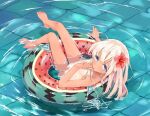  1girl absurdres ahoge alakoala barefoot bikini blonde_hair blue_bikini blue_eyes blush breasts collarbone commentary_request completely_nude crossed_bangs feet floating flower from_above hair_between_eyes hair_flower hair_ornament highres kantai_collection long_hair looking_at_viewer micro_bikini nipples nude on_water one-piece_tan ro-500_(kancolle) ro-500_(swimsuit)_(kancolle) sidelocks small_breasts smile solo string_bikini striped_bikini striped_clothes swim_ring swimsuit tan tanlines thighs toes turning_head unworn_bikini unworn_bikini_bottom unworn_bikini_top white_bikini 