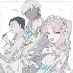  1girl 2boys :d alternate_costume bare_shoulders black_hair blue_eyes border closed_eyes commentary_request dark-skinned_male dark_skin euryale_(fate) facial_mark fate/grand_order fate_(series) flower_hairband gloves grey_hair highres holding holding_smoking_pipe indra_(fate) lightning_bolt_facial_mark lightning_bolt_symbol long_hair looking_at_another looking_at_viewer multiple_boys open_mouth pink_eyes pink_hair pink_nails sherlock_holmes_(fate) smile smoking_pipe tadare_hito twintails twitter_username white_gloves 