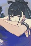  1girl absurdres amaya_tsubame arm_strap bare_shoulders black_bow black_hair blunt_ends bow crossed_arms gakuen_idolmaster grey_eyes hair_bow hair_intakes head_rest high_ponytail highres idolmaster kano33 long_hair mole mole_under_eye ponytail sidelocks smartphone_case solo very_long_hair yellow_pupils 