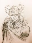 1boy armor armpit_crease closed_mouth collar commentary_request cropped_torso graphite_(medium) hair_between_eyes highres horns jun_(navigavi) lips long_hair looking_at_viewer male_focus monochrome nose original paper_background photo_(medium) pointy_ears shoulder_armor single_bare_shoulder sketch slit_pupils solo traditional_media 
