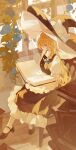  1girl absurdres apron black_hat black_shoes black_skirt black_vest blonde_hair blue_bow blue_flower blue_rose book book_stack bow braid chair chinese_commentary commentary_request flower frilled_skirt frills hair_bow hat hat_bow highres holding holding_book indoors kenkxx kirisame_marisa long_hair mary_janes on_chair open_book puffy_short_sleeves puffy_sleeves reading rose shoes short_sleeves side_braid single_braid sitting skirt solo touhou vest waist_apron white_apron white_bow witch_hat yellow_eyes 