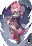  1girl arm_on_knee black_bow black_dress black_shrug black_thighhighs black_wings bow breasts cleavage commentary dress hair_bow hair_intakes hair_ornament hair_over_one_eye hairclip heart high_heels highres holding holding_knife knees_up knife large_breasts logo looking_at_viewer medium_hair official_alternate_costume pink_hair pointy_ears rain red_nails remielle_dan remielle_dan_(moonlight_whispers) shrug_(clothing) solo thighhighs wings wolfour zenless_zone_zero 