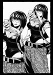  1girl :p belt biting biting_clothes black_border border breasts camouflage camouflage_pants cleavage clothes_lift commentary greyscale hachinuki_tessei highres jimiko jitome large_breasts long_hair looking_at_viewer mob_face moire monochrome multiple_views original pants round_eyewear selfie semi-rimless_eyewear she_(hachinuki_tessei) shirt_lift sideways_glance simple_background solo swimsuit swimsuit_under_clothes tongue tongue_out under-rim_eyewear white_background 