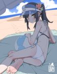  1girl akari_(raigou) ball barefoot beach beachball bikini black_hair blush cloud commentary_request elf flat_chest footprints highres holding holding_ball holding_beachball horizon long_hair original outdoors pointy_ears ponytail raigou seal_impression shadow sidelocks solo swimsuit thick_eyebrows visor_cap white_bikini yellow_eyes 