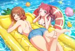  2girls ;) absurdres animal_print ass ball barefoot beachball bikini blue_eyes breasts brown_eyes brown_hair cleavage commentary_request cow_print cow_print_bikini denim denim_shorts feet gakuen_idolmaster hanami_saki hanami_ume highres idolmaster inflatable_raft innertube large_breasts long_hair looking_at_viewer lying multiple_girls on_stomach one_eye_closed open_mouth pool print_bikini purple_hair rubber_duck short_hair shorts siblings sisters smile soles swim_ring swimsuit the_pose toes wellsy 