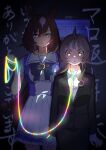  2girls absurdres animal_ears black_jacket blazer bow bowtie breasts brown_hair closed_mouth collared_shirt commentary_request cowboy_shot female_trainer_(umamusume) glowing hair_between_eyes highres holding holding_leash horse_ears horse_girl horse_tail jacket large_breasts leash long_hair long_sleeves looking_at_viewer marshmallow_(site) multiple_girls original pleated_skirt puffy_short_sleeves puffy_sleeves purple_bow purple_bowtie purple_shirt red_eyes request_inset rgb_lights sailor_collar school_uniform shirohashi_akari_(toji_(y2toj2)) shirt short_sleeves sirius_symboli_(umamusume) skirt summer_uniform tail toji_(y2toj2) tracen_school_uniform trainer_(umamusume) translation_request umamusume white_sailor_collar white_shirt white_skirt yellow_eyes 