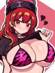  1girl :q absurdres bikini bikini_top_under_shirt bikini_under_clothes black_choker black_nails black_shirt blush breasts choker cleavage closed_mouth clothes_lift commentary_request double-parted_bangs fingernails hair_between_eyes heart hecatia_lapislazuli highres kukurukurukuru large_breasts lifting_own_clothes long_hair looking_at_viewer outline pink_bikini red_eyes red_hair shiny_skin shirt shirt_lift short_sleeves smile solo swimsuit tiger_print_bikini tongue tongue_out touhou triangle_bikini_top underworld_(ornament) upper_body white_outline 