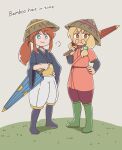  2girls a_hat_in_time alternate_costume black_shirt blonde_facial_hair blonde_hair blue_eyes blue_umbrella boots brown_hair brown_hat check_clothing closed_mouth closed_umbrella clothing_request commentary_request english_text facial_hair green_boots grey_background hair_ornament hair_tie hand_on_own_hip hat hat_kid hat_ribbon holding holding_umbrella japanese_clothes kimono knee_boots long_hair long_sleeves looking_at_viewer multiple_girls mustache mustache_girl obi orange_eyes oudon_tue over_shoulder pants ponytail purple_boots purple_kimono purple_pants purple_ribbon red_kimono red_umbrella ribbon rice_hat sash shadow shirt shorts sidelocks smile standing star_(symbol) umbrella white_shorts yellow_ribbon yellow_sash yukata 
