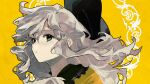  1girl black_hat collared_shirt commentary frilled_shirt_collar frills green_eyes grey_hair hat highres komeiji_koishi long_hair portrait shirt solo touhou uninosono yellow_background yellow_shirt 