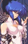  1990s_(style) 1girl bare_shoulders blue_hair breasts cable cleavage cleavage_cutout clothing_cutout commentary covered_collarbone covered_navel cyberpunk cyborg english_commentary faux_retro_artstyle ghost_in_the_shell hand_up highleg highleg_leotard highres kusanagi_motoko large_breasts leotard lips looking_down mechabare mechanical_arms nail_polish red_eyes red_nails retro_artstyle science_fiction short_hair_with_long_locks sirknightbot skin_tight solo subdermal_port the_ghost_in_the_shell_(2026) upper_body white_leotard 