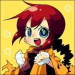  1girl bandaged_hand bandages blue_eyes braid breasts chibi chibi_only commentary_request hands_up korosuke_(coromo) long_hair looking_at_viewer lowres monk_(sekaiju) monk_4_(sekaiju) open_mouth red_hair sekaiju_no_meikyuu sekaiju_no_meikyuu_3 simple_background single_braid small_breasts smile solo teeth upper_body upper_teeth_only yellow_background 