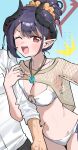  13_(spice!!) 1boy 1girl arm_hug bikini black_hair black_horns blue_archive blush breast_press breasts chiaki_(blue_archive) chiaki_(swimsuit)_(blue_archive) cleavage commentary_request curved_horns dark-skinned_male dark_skin demon_horns fishnet_shrug hair_between_eyes hair_bun hair_ornament hair_scrunchie halo highres horns jewelry large_breasts long_hair looking_at_viewer multicolored_horns necklace o-ring o-ring_bikini official_alternate_costume official_alternate_hairstyle one_eye_closed open_mouth pointy_ears red_eyes red_halo red_horns scrunchie see-through_clothes see-through_shrug selfie sensei_(blue_archive) shirt shrug_(clothing) sleeves_rolled_up smile swimsuit two-tone_horns white_bikini white_shirt yellow_scrunchie yellow_shrug 