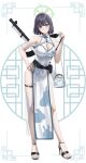  1girl absurdres animal_print blue_archive blue_nails blush breasts chinese_clothes commentary_request dress green_halo gun gun_sling halo high_heel_sandals high_heels highres lahti-saloranta_m/26 large_breasts light_machine_gun looking_at_viewer machine_gun nail_polish omochi10_01 pelvic_curtain print_dress purple_hair qipao rabbit_print saki_(blue_archive) sandals shoes short_hair solo strappy_heels thigh_strap toenail_polish toenails weapon 