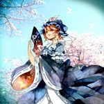  blue_dress cherry_blossoms dress fan hat kousetsu_(nonosuke) pink_hair saigyouji_yuyuko solo touhou triangular_headpiece 