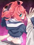  1boy 1girl ahoge ass blue_archive clothes_lift clothing_aside commentary_request double_bun hair_bun halo highres holding_hands hood hood_down jacket looking_at_viewer looking_back maki_(blue_archive) panties panties_aside pov red_hair red_halo sex sex_from_behind sideways_glance skirt skirt_lift standing standing_sex underwear wanko2278 white_panties 