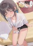  1boy 1girl absurdres arm_support between_thighs black_eyes black_hair black_shorts blue_hair brown_hair camisole closed_eyes collar_tug commentary_request couch handheld_electric_fan highres okishiro_momoka_(shin_no_tenpii) on_couch open_mouth original see-through_clothes shin_no_tenpii short_shorts shorts sitting speech_bubble sweat thighs translation_request wet wet_clothes 