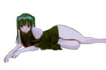  1girl bare_legs bare_shoulders blunt_bangs byakugun clothing_cutout commentary_request dress expressionless green_hair highres long_hair lying on_side original red_eyes short_dress shoulder_cutout sketch solo two_side_up 