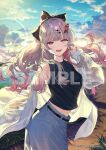  1girl :d bare_shoulders belt black_belt black_ribbon black_shirt blue_pants blue_sky blue_streaks breasts cloud cloudy_sky commentary company_name copyright_notice crop_top ear_piercing earrings evening floating_hair gradient_hair grey_eyes grey_hair hair_ornament hair_ribbon hairclip heterochromia high_ponytail ishigami_nozomi jacket jacket_partially_removed jewelry lake lens_flare long_hair looking_at_viewer medium_breasts midriff_peek multicolored_hair nail_polish nijisanji off_shoulder official_alternate_costume official_art okuma_mai open_mouth outdoors pants piercing ponytail red_eyes red_nails red_streaks ribbon sample_watermark see-through_clothes see-through_jacket shirt sky sleeveless sleeveless_shirt sleeves_past_wrists smile solo spiked_ear_piercing streaked_hair virtual_youtuber watermark white_jacket 