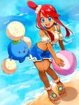  1girl absurdres ball beach beachball blue_eyes blue_shorts breasts collarbone crop_top denim denim_shorts hair_ornament highres holding holding_ball holding_beachball jumpluff medium_breasts midriff navel ocean off-shoulder_shirt off_shoulder official_alternate_costume one_side_up open_mouth outdoors pokemon pokemon_masters_ex red_eyes red_hair saku06480514 sandals shirt short_hair_with_long_locks short_shorts shorts sidelocks skyla_(pokemon) skyla_(summer_2025)_(pokemon) smile water 