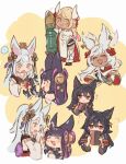  ! 3girls animal_ears bamboo bell black_hair blonde_hair blue_eyes blush chibi erune fox_ears granblue_fantasy hair_bell hair_ornament hibana_(hibana_ztlv) highres jingle_bell kumbhira_(granblue_fantasy) makura_(granblue_fantasy) multiple_girls multiple_views pointy_ears red_eyes societte_(granblue_fantasy) spoken_exclamation_mark tan white_hair yellow_eyes yuel_(granblue_fantasy) 