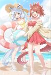  2girls ahoge animal_ears ball bare_shoulders beach beachball bikini blue_sky blush breasts brown_eyes brown_hair cloud commentary dantsu_flame_(umamusume) ear_covers ears_through_headwear english_commentary food grey_hair hair_between_eyes hairband hat highres hishi_miracle_(umamusume) holding holding_ball holding_beachball holding_food holding_popsicle holding_swim_ring horse_ears horse_girl horse_tail jacket large_breasts looking_at_viewer medium_breasts medium_hair midriff multicolored_hair multiple_girls ocean open_clothes open_jacket open_mouth outdoors pink_hairband popsicle red_bikini sandals sky smile straw_hat sun_hat sunanuko_(ramuneko) swim_ring swimsuit tail umamusume water white_hair white_jacket yellow_bikini 