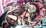  1girl artist_request bare_shoulders bat_(animal) bat_hair_ornament blurry blurry_foreground bow bowtie brooch castle closed_mouth collared_dress detached_sleeves determined dress dual_wielding eyelashes floating_hair foot_out_of_frame four-pointed_star frilled_skirt frills frown full_moon furrowed_brow game_asset gem grey_hair hair_between_eyes hair_intakes hair_ornament high_collar highres holding holding_sword holding_weapon irina_kush jewelry knee_up light_blush light_particles long_hair long_sleeves looking_at_viewer magia_record:_mahou_shoujo_madoka_magica_gaiden magical_girl mahou_shoujo_madoka_magica mahou_shoujo_madoka_magica_magia_exedra miniskirt moon night official_art outdoors pleated_skirt print_skirt red_eyes red_gem red_moon short_dress sidelocks skirt slashing sleeveless sleeveless_dress solo soul_gem_(madoka_magica) star_(symbol) star_hair_ornament star_print sword tailcoat third-party_source tsurime two_side_up very_long_hair weapon white_bow white_bowtie white_dress white_skirt white_sleeves wide_sleeves wind 