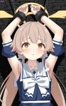  1girl absurdres alternate_costume armpit_focus armpits arms_up artist_name bare_shoulders blue_archive blue_dress blue_sleeves blush bound bound_wrists bow bowtie brown_hair chained_wrists chinese_commentary collarbone commentary_request curled_fingers detached_sleeves dress fingernails furrowed_brow hair_flaps hair_ornament hair_ribbon halo hifumi_(blue_archive) highres long_hair looking_at_viewer low_twintails mo_moon parted_lips partial_commentary pov raised_inner_eyebrows restrained ribbon sailor_collar sailor_dress shadow sleeveless sleeveless_dress solo stone_wall straight-on sweat twintails very_long_hair white_bow white_bowtie white_sailor_collar wing_hair_ornament winged_halo yellow_eyes yellow_halo 