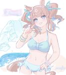  1girl almond_eye_(natsuzora_chirutime)_(umamusume) almond_eye_(umamusume) animal_ears bare_shoulders beach bikini blue_eyes breasts brown_hair cleavage colored_inner_hair commentary_request ear_covers gasatsuneo hair_ornament hairclip highres horse_ears horse_girl jewelry long_hair looking_at_viewer medium_breasts multicolored_hair navel ocean official_alternate_costume open_mouth see-through_clothes single_ear_cover smile stomach swimsuit symbol-shaped_pupils twintails umamusume water x-shaped_pupils 