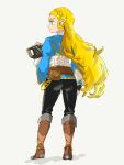  1girl belt_pouch black_pants blonde_hair boots braid brown_boots commentary_request crown_braid from_behind full_body gloves green_eyes highres long_hair pants pointy_ears pouch princess_zelda profile sheikah_slate solo standing the_legend_of_zelda the_legend_of_zelda:_breath_of_the_wild tight_clothes tight_pants very_long_hair vko_2835 white_background 