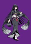  1girl armor bad_id bad_pixiv_id black_armor black_hair black_kimono black_sandals blunt_bangs blunt_ends closed_mouth flat_chest folding_fan full_body glass_(tate_no_yuusha_no_nariagari) greaves hand_fan hand_up highres holding holding_fan japanese_clothes kimono long_hair long_sidelocks long_sleeves looking_at_viewer minami_seira official_art pink_lips promotional_art purple_background purple_sash red_eyes sandals sash sidelocks simple_background socks solo straight_hair tabi tate_no_yuusha_no_nariagari two-tone_sash vassal_fan_(demon_dragon_fan)_(tate_no_yuusha_no_nariagari) vassal_fan_(tate_no_yuusha_no_nariagari) white_sash white_socks wide_sleeves 