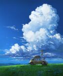  1girl black_skirt blue_sky brown_hair car cloud commentary cyclecircle day english_commentary grass highres landscape long_hair motor_vehicle mountainous_horizon original outdoors road_sign sailor_collar scenery shading_eyes shirt sign skirt sky solo tree very_wide_shot volkswagen_beetle white_shirt yellow_car 
