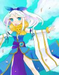 1girl belt blue_bow blue_dress blue_eyes blue_sky bow closed_mouth cloud commentary_request cowboy_shot detached_sleeves dormir_(challco) dress hair_bow long_hair looking_at_viewer outstretched_arms pelvic_curtain petals pointy_ears professor_(ragnarok_online) purple_belt ragnarok_online ribbon-trimmed_sleeves ribbon_trim sky sleeveless sleeveless_dress smile solo spread_arms striped_sleeves white_hair white_sleeves yellow_sleeves 