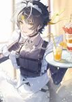  1boy :d absurdres apron asaba_harumasa black_choker black_dress black_gloves black_hair choker commentary_request crossdressing crossdressing_(mtf) dress enmaided food fuli_(narumiyafuri) gloves headband highres holding holding_tray hoyofair looking_at_viewer maid maid_apron male_focus male_maid moechakkafire parfait short_hair smile solo tray waist_apron white_apron yellow_headband zenless_zone_zero 