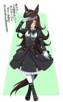  1girl absurdres animal_ears black_boots black_bow black_jacket black_skirt blush boots bow breasts brown_hair closed_eyes commentary_request cosplay dress ears_through_headwear flipped_hair gloves hair_over_one_eye hat highres horse_ears horse_girl horse_tail jacket katsushika_yuki long_hair open_mouth pantyhose peaked_cap rail_romanesque rice_shower_(umamusume) shirt skirt small_breasts smile solo suzushiro_(rail_romanesque) suzushiro_(rail_romanesque)_(cosplay) tail tilted_headwear translation_request umamusume white_gloves white_pantyhose white_shirt 