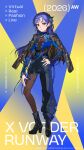  1girl absurdres asymmetrical_pants black_boots black_jacket black_pants blue_hair boots brown_eyes brown_pantyhose character_name closed_mouth commentary_request copyright_notice flat_chest full_body hairband hand_on_own_hip high_heel_boots high_heels highres idolmaster idolmaster_(classic) jacket jacket_on_shoulders kisaragi_chihaya long_hair looking_at_viewer mika_pikazo official_art pants pantyhose second-party_source smile solo standing x_vorder_runway 