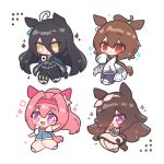  4girls absurdres agnes_tachyon_(tach-nology)_(umamusume) agnes_tachyon_(umamusume) ahoge animal_ears black_coat black_gloves black_hair black_pantyhose black_shirt black_skirt blue_overalls blush bow bow_hairband brown_dress brown_hair brown_hairband brown_ribbon casual chemical_structure chibi closed_mouth coat coffee_mug collared_shirt commentary cork cup decrilus dress ear_bow ear_covers ear_tag earrings flipped_hair flower-shaped_pupils flower_in_eye gloves hair_between_eyes hair_over_one_eye hairband haru_urara_(casual)_(umamusume) haru_urara_(umamusume) headband highres holding holding_cup horse_ears horse_girl horse_tail jewelry lab_coat long_bangs long_hair long_hair_between_eyes long_sleeves manhattan_cafe_(creeping_shadow)_(umamusume) manhattan_cafe_(umamusume) mug multicolored_hair multiple_girls necktie open_mouth overall_shorts overalls pantyhose pink_hair pink_headband pink_shirt ponytail purple_eyes red_eyes red_headband ribbon rice_shower_(casual)_(umamusume) rice_shower_(umamusume) shirt short_necktie short_sleeves single_earring skirt sleeves_past_fingers sleeves_past_wrists smile sweater sweater_vest symbol-shaped_pupils symbol_in_eye tail test_tube umamusume white_coat white_hair white_hairband wolf_cut yellow_eyes yellow_necktie yellow_sweater yellow_sweater_vest 
