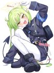  1girl armband beko_(beco_1122) black_tail blue_archive blue_armband blush buttons commentary_request demon_tail double-breasted fang gloves green_hair halo highres long_hair looking_at_viewer nozomi_(blue_archive) open_mouth pantyhose pointy_ears simple_background skin_fang smile solo tail twintails white_background white_gloves white_pantyhose yellow_eyes yellow_halo 