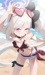  1girl :d ;d absurdres beach belt bikini black_bikini black_choker blue_archive breasts choker commentary cowboy_shot eyewear_on_head flower hair_flower hair_ornament halo heart heart-shaped_eyewear highleg highres leaning_forward light_blush long_hair looking_at_viewer mutsuki_(blue_archive) mutsuki_(tsutaya)_(blue_archive) navel ocean official_alternate_costume one_eye_closed outdoors plaid_belt plaid_bikini plaid_clothes pointy_ears purple_eyes red_belt red_bikini red_halo shizuki_eri shorts side_ponytail small_breasts smile solo stomach swimsuit thigh_strap v white_hair white_shorts 