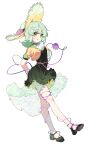  1girl alternate_costume blouse buttons chinese_commentary commentary_request diamond_button disembodied_linked_eye eyeball frilled_shirt_collar frills full_body green_hair green_skirt hat hat_ribbon heart heart_of_string highres komeiji_koishi looking_at_viewer mary_janes ribbon see-through_clothes see-through_shirt shirt shoes simple_background skirt solo touhou transparent_background vest xuezai yellow_vest 