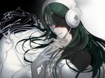  1girl alien_stage bandana black_hair commentary dress hand_on_own_chest headset highres hiran_ya long_hair microphone parted_lips purple_eyes solo sua_(alien_stage) sua_(zombie_stage) white_bandana white_dress zombie_stage 