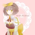  1girl arch_bishop_(ragnarok_online) black_dress black_hairband blush bow bow_hairband breasts brooch brown_hair character_name cleavage_cutout closed_mouth clothing_cutout commentary_request cross dormir_(challco) dress expressionless green_eyes hairband jewelry juliet_sleeves long_sleeves looking_at_viewer medium_breasts pink_background puffy_sleeves ragnarok_online sash short_hair solo two-tone_dress upper_body white_dress yellow_bow yellow_sash 